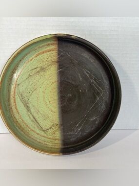 Studio Pottery Ceramic Plate Split Glaze Green Brown Art Dish Handmade 8.5”